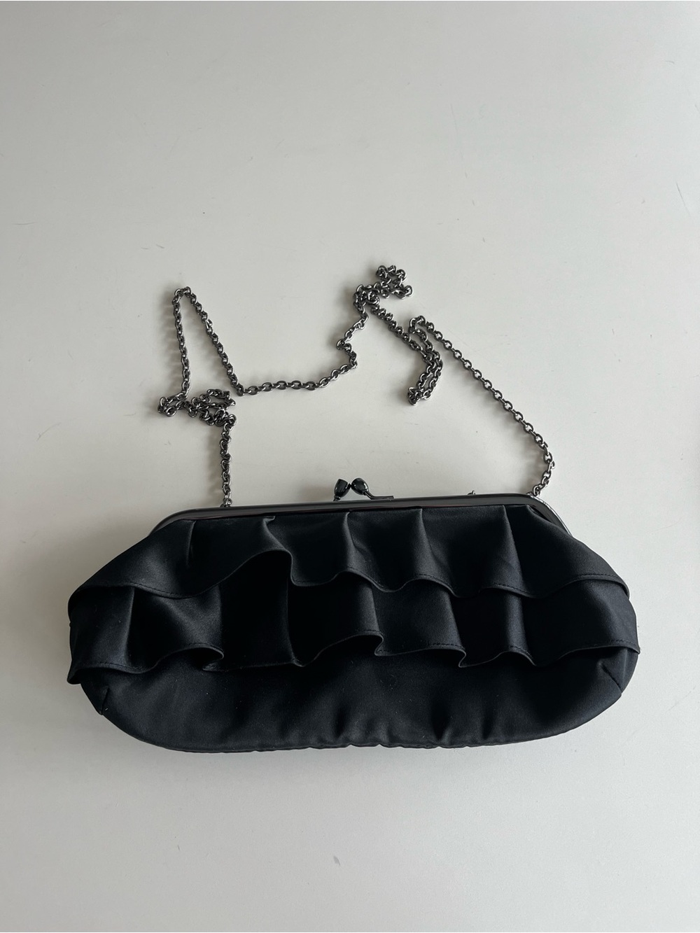 Black Ruffle Satin Clutch with Chain Strap
